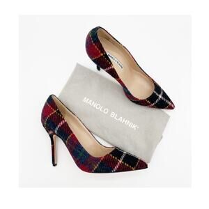 Manolo Blahnik Multicolor Check Wool BB Pointed Toe Stiletto Pumps Heels IT 38